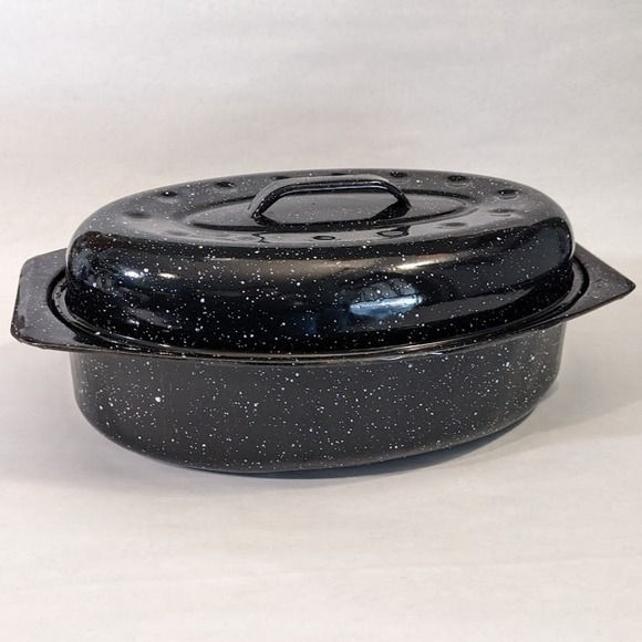 Other - Vintage Graniteware Roasting Pan Black White Speckled Enamelware Oval Lidded 13"